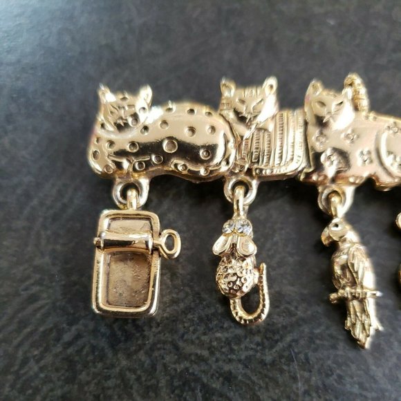 Vintage OAJC Cat Bar Brooch Pin with Dangling Charms Mouse Parrot Rhinestones - Picture 2 of 5
